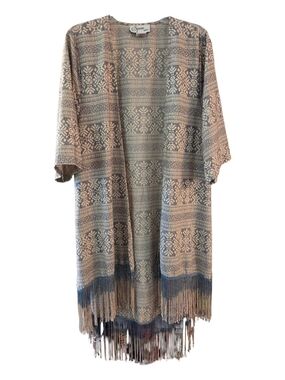 Spoon Jeans Blue & Cream Patterned Fringe Kimono Sweater Duster - Size M